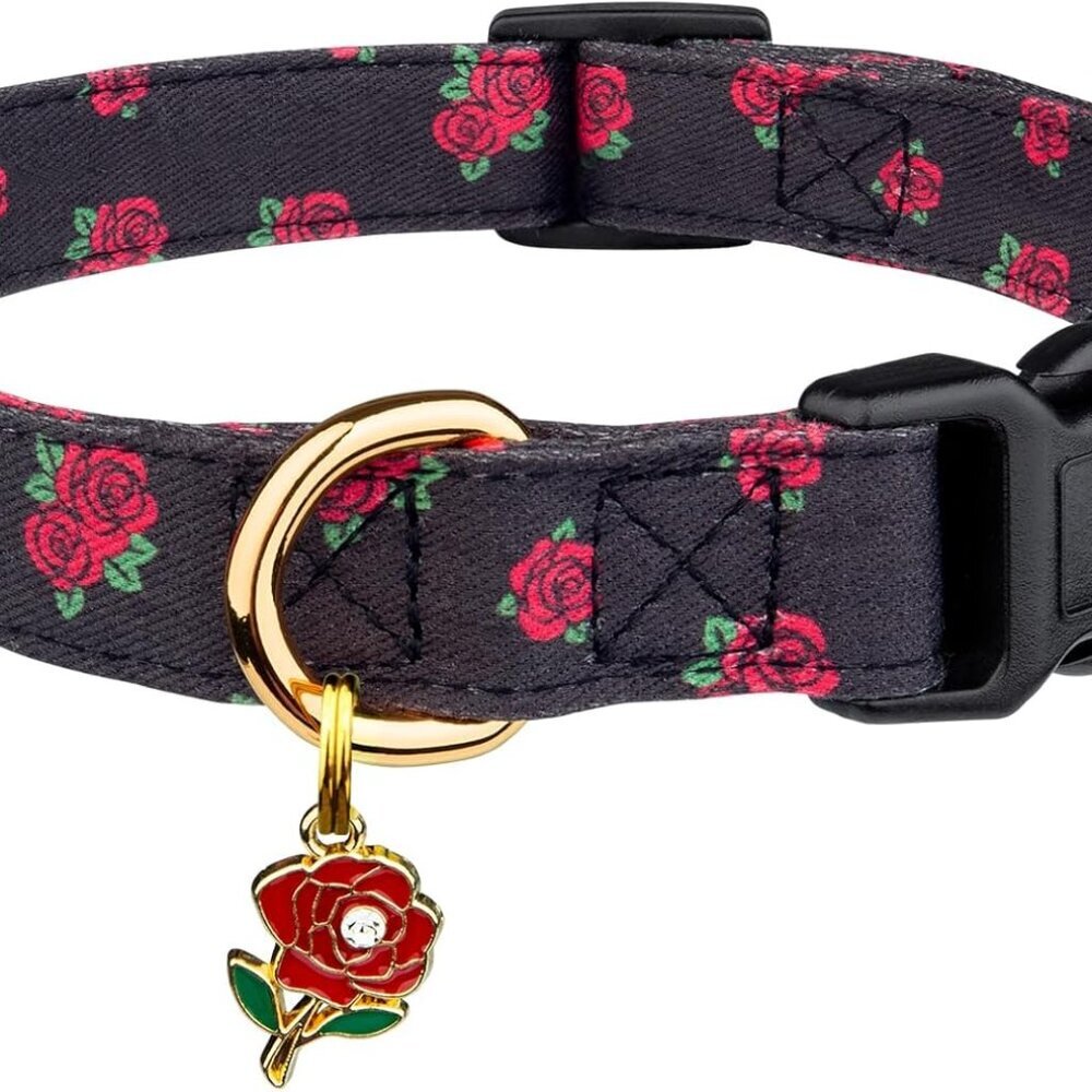 Cotton Handmade Dog Collar Cute and Distinctive Patterns Black Rose with Pendant